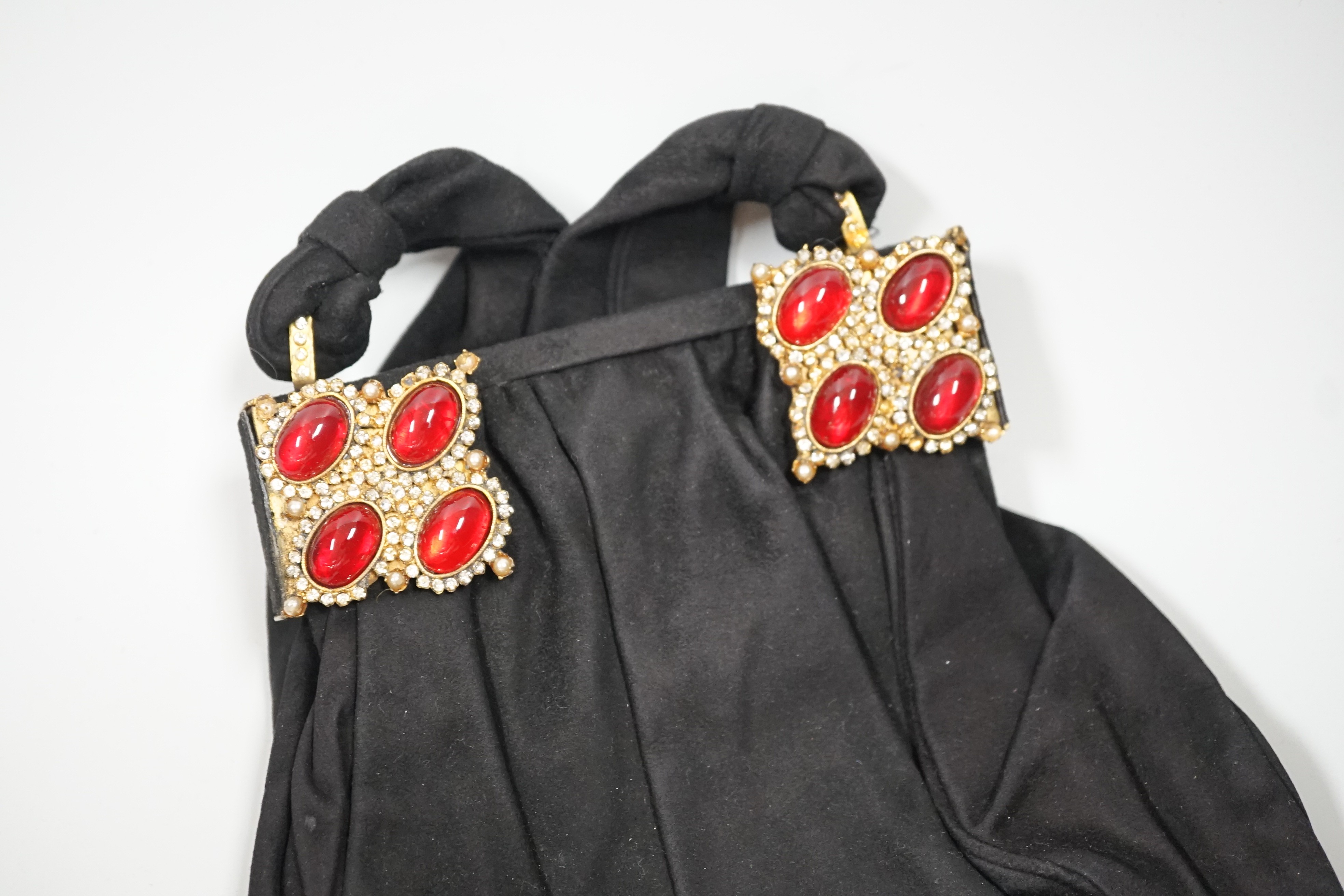 A 1930’s evening bag with silver frame, seven 1930’s-40’s evening bags with diamante encrusted Bakelite frames and clasps, a costume jewelled bag and two gilt and sequin bags